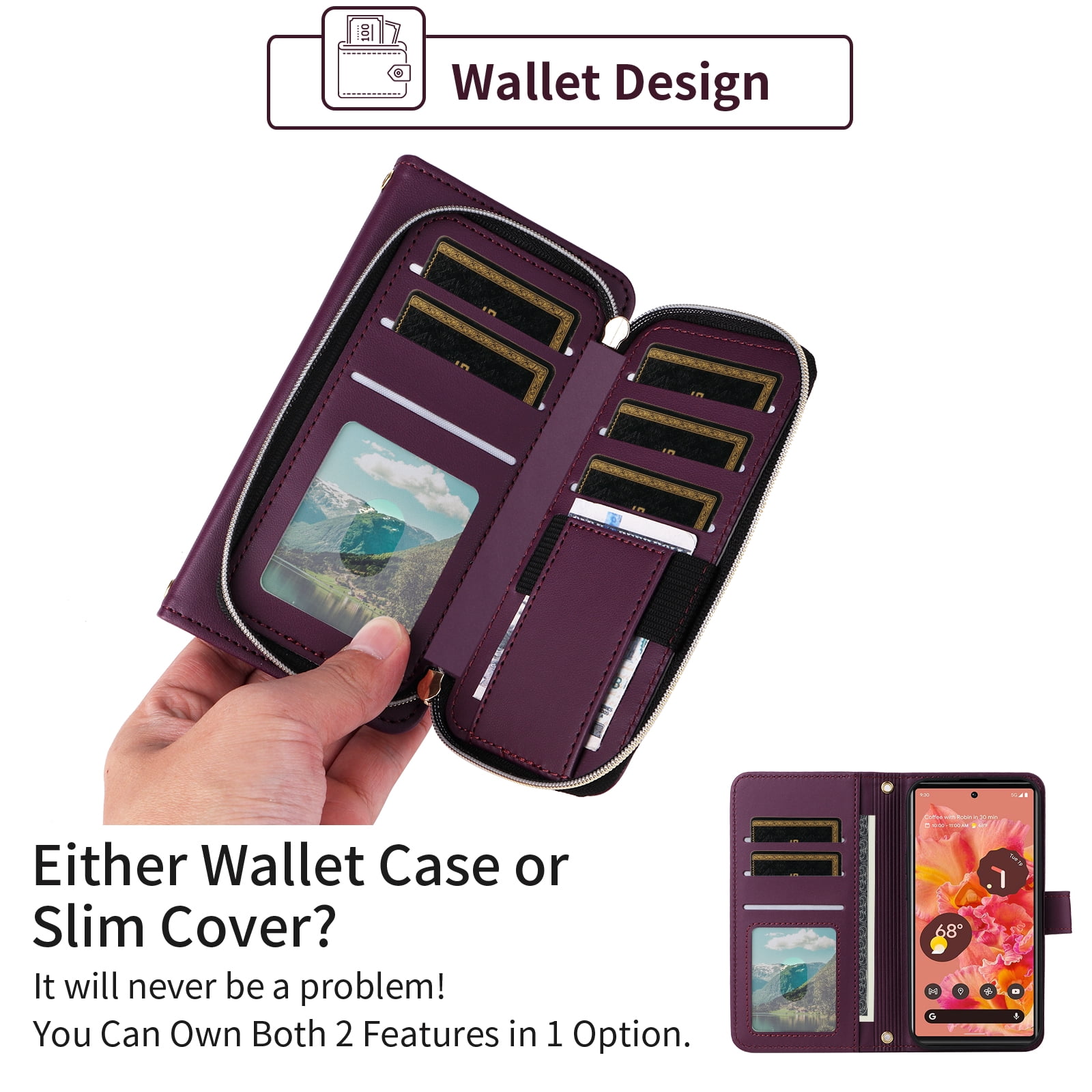 Furiet Wallet Case for Google Pixel 6 with Detachable Wrist/Crossbody Shoulder Strap Card Slot Zipper Purse Luxury PU Leather Card Holder Stand Cell Phone Cover for Pixel6 Pixle Six Women Deep Purple