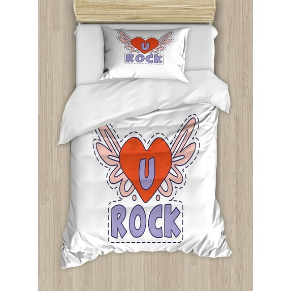 You Rock Duvet Cover Set Twin Size, Winged Heart Motivational Motto Sketch Style Print, Decorative 2 Piece Bedding Set with 1 Pillow Sham, Vermilion Blush Lavender Blue and White, by Ambesonne