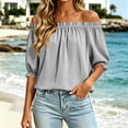 thumbnail image 5 of Tqcoqu Women's Solid Off Shoulder Ruffle Elastic 3/4 Puff Sleeve Blouse,Loose Flowy Summer Casual Pullover Top,Gray Women's S-XXL, 5 of 8