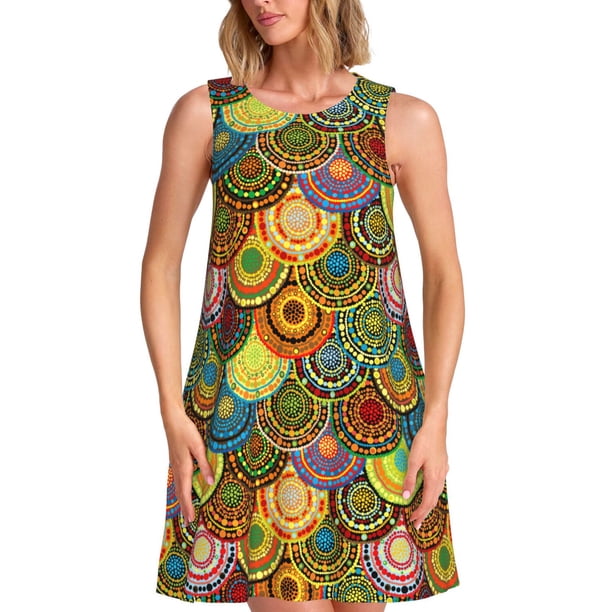 Fotbe Colorful Circle Vestido de Verano sin Mangas para Mujer – Vestido Midi Línea A, Estilo Camiseta Floral, Vestido Playero Casual y Fluido