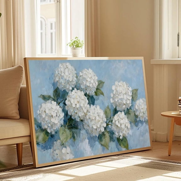 White Hydrangea Blue Background Art Poster|Botanical Floral Wall Art Home Decor, 8x12 UNFRAMED