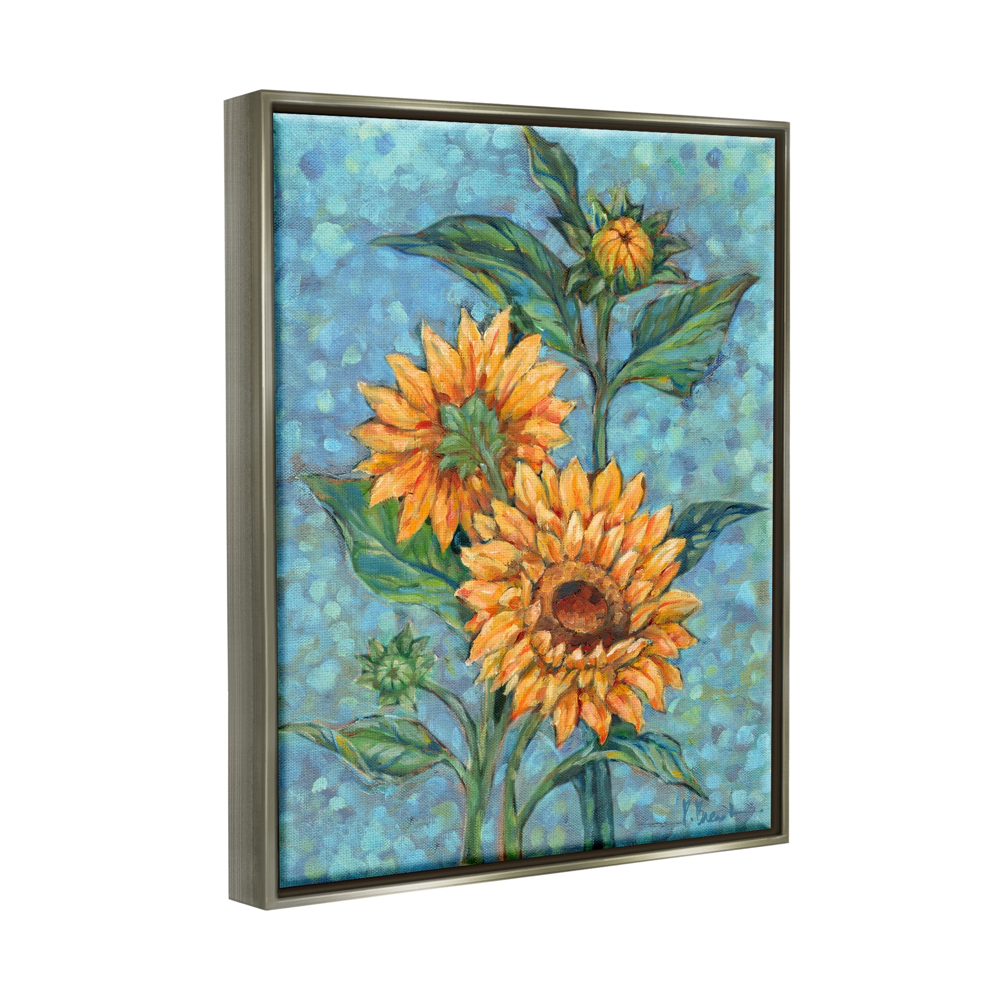 Stupell Industries Budding Sunflowers on Blue Botanical & Floral Painting Gray Floater Framed Canvas Art Print Wall Art, 17 x 21