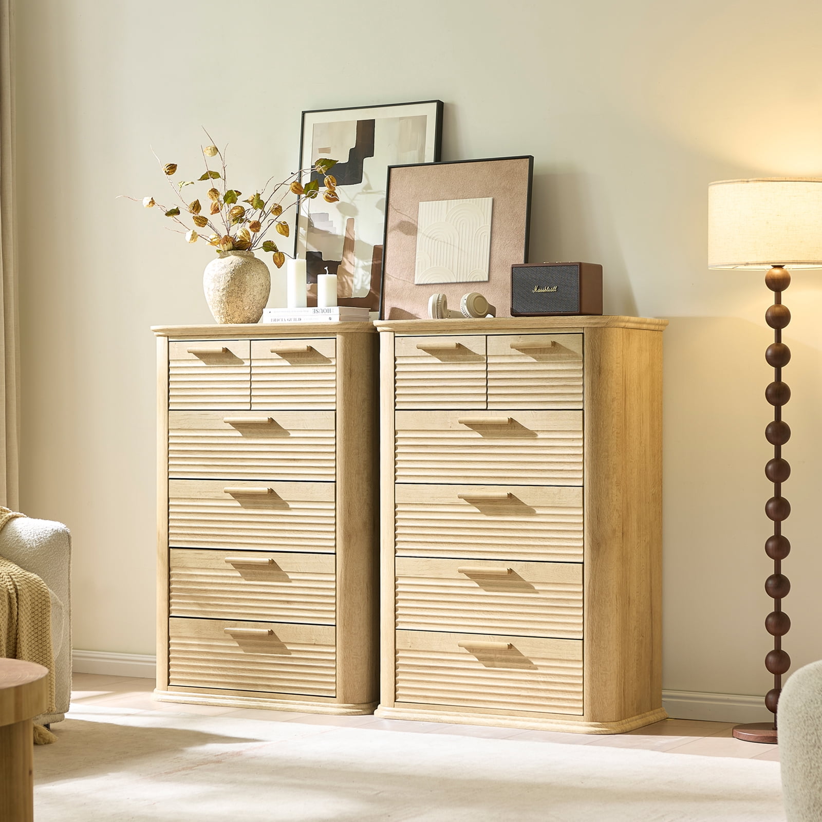 Hommoo 6 Drawers Dresser Storage Organizer, Modern 45" Tall Dresser with Curved Profile Design, Wood Fluted Drawer Chest for Living Room, Oak