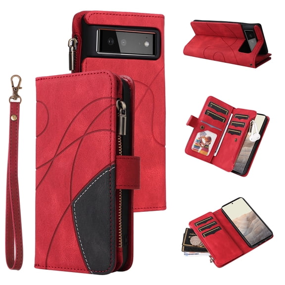 Zipper Wallet Case for Google Pixel 6 Large Capacity Card Slots Holder Magnetic Clasp Cover, Luxury PU Leather Anti-Shock Flip Folio Case with Kickstand Wrist Strap Handbag Protective Case,Red