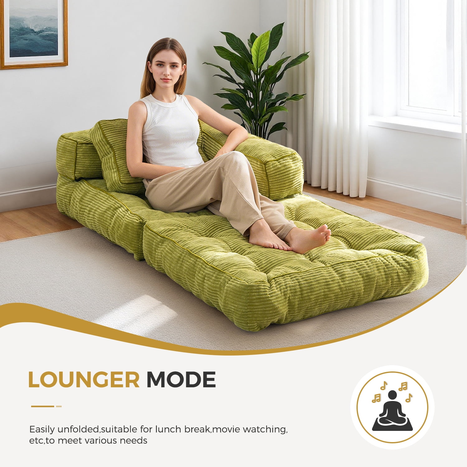 BYBYME Folding Sofa Bed,8 Inch L Shape Convertible Sofa Bed with Armrests,Floor Sofa Bed with Pillows,Portable Folding Chair Bed,Lounger for Living Room and Bedroom,etc.,Green