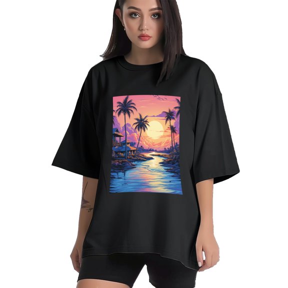 Plus Size Shirt for Women Black Tops for Women Short Sleeves Shirt for Women Vintage Landscape T Shirt Crewneck Shirt for Women XS