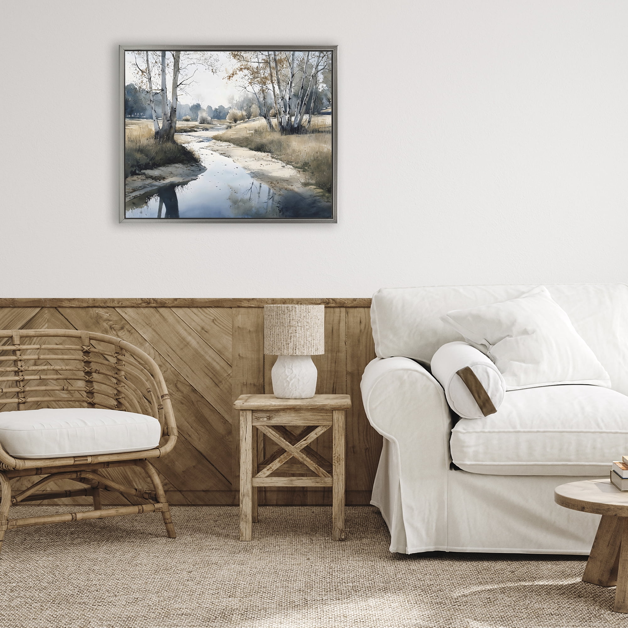 Stupell Industries Birch Tree Creek in Autumn Gray Framed Floater Canvas Wall Art, design by Franklyn Gregory