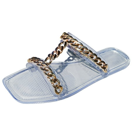 

Women Slippers Womens Shoes Summer Slippers Metal Chain Square Toe Slippers Flat Plus Size Slippers Clear 7.5