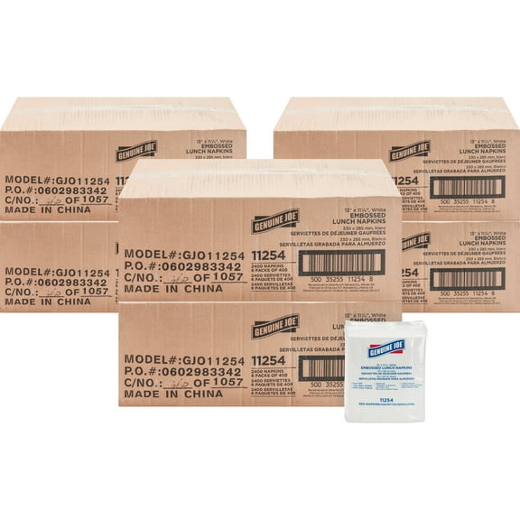 Genuine Joe 1-ply Embossed Lunch Napkins - 1 Ply - Quarter-fold - 13" X 11.25" - White - Embossed, Soft - For Lunch - 400 Per Pack - 2400 / Carton
