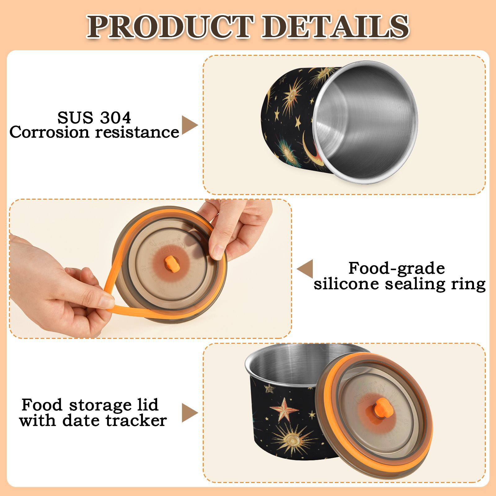 Rainbow Moon Star Sun Airtight Coffee Bean Canister 900 ml Food Storage Containers with Lids For Gournd, Tea, Sugar, Flour, Rice, Cereal, Candy Cookie Jar