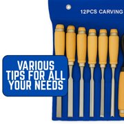 ARTESIA TOOL 12-Piece Wood Carving Chisel Set 7.5 19.1 cm Length Each Wooden Handles Durable Steel Blades Vinyl Storage Pouch Included