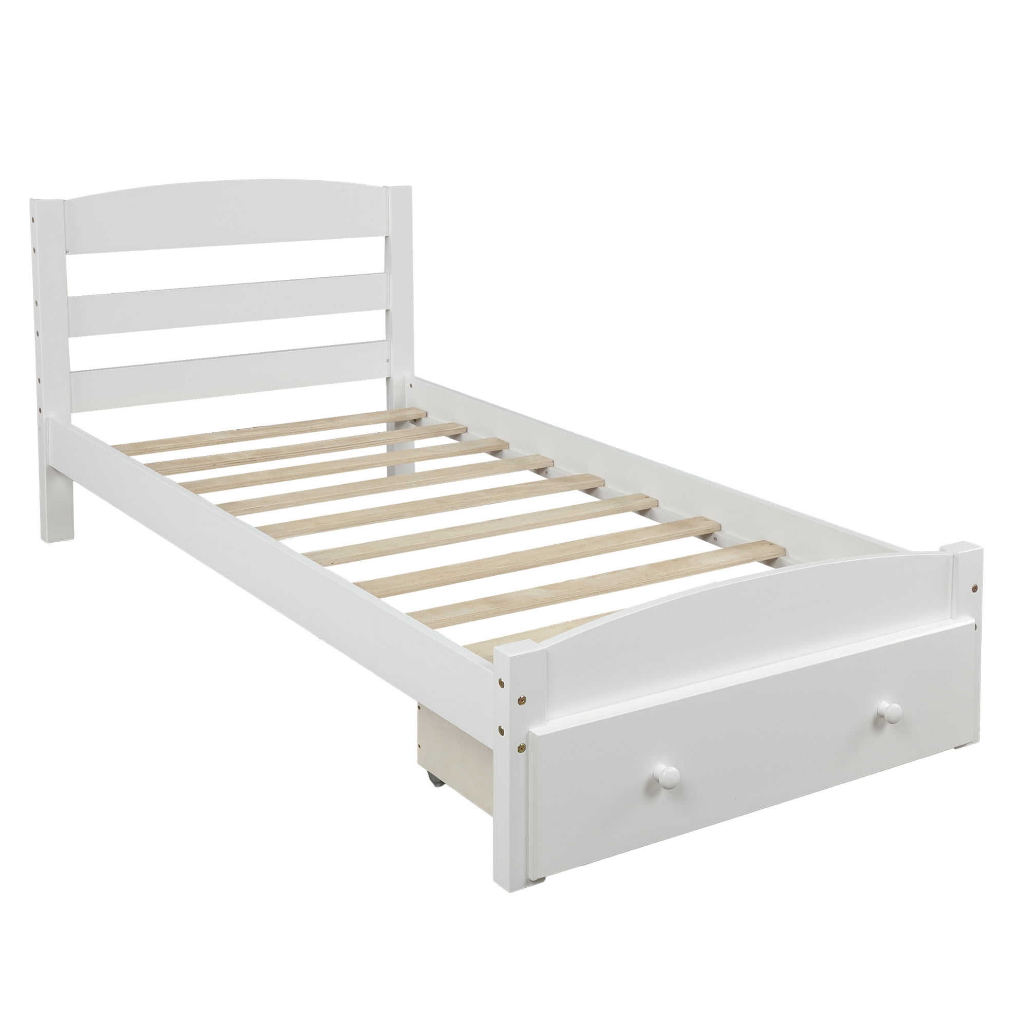 Twin Bed with Storage, Solid Wood Platform Bed Frame, Modern Twin Size Bed Frame with Headboard and Footboard, Bedroom Furniture Twin Platform Bed with Big Drawer, No Box Spring Needed, White