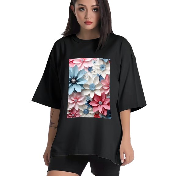 Plus Size Shirt for Women Black Tops for Women Short Sleeves Shirt for Women Flower T Shirt Crewneck Shirt for Women XS