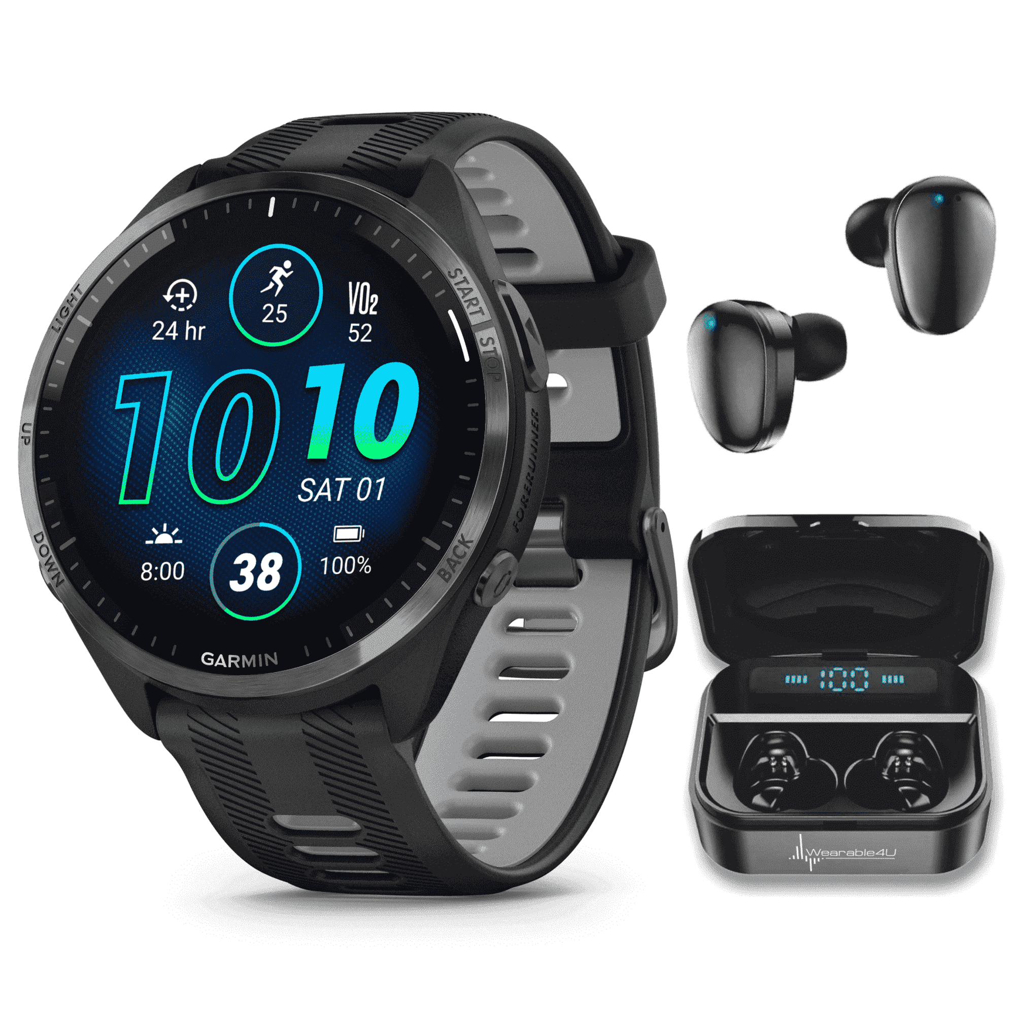 Garmin Forerunner 965 Premium GPS Running and Triathlon Smartwatch with AMOLED Touchscreen Display, Carbon Gray DLC Titanium Bezel with Black Silicone Band with Black EarBuds Bundle