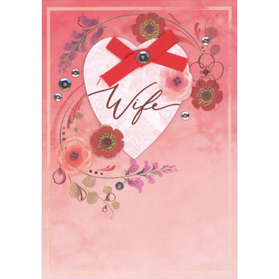 Designer Greetings Red Ribbon on 3D Die Cut White and Pink Heart Over Florals on Pink Hand Decorated Valentine's Day Card for Wife