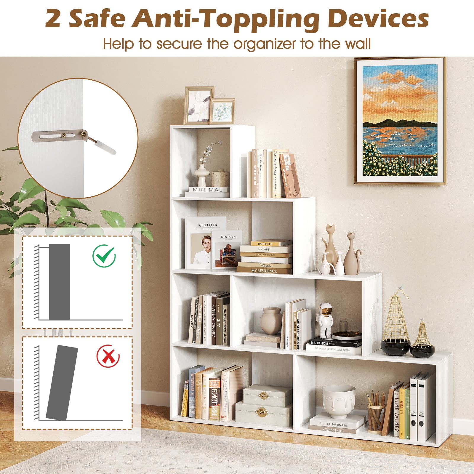 Giantex 4-Tier Stepped Bookshelf, Freestanding Ladder Storage Shelf w/ 6 Cubes, Modern Display Rack, White