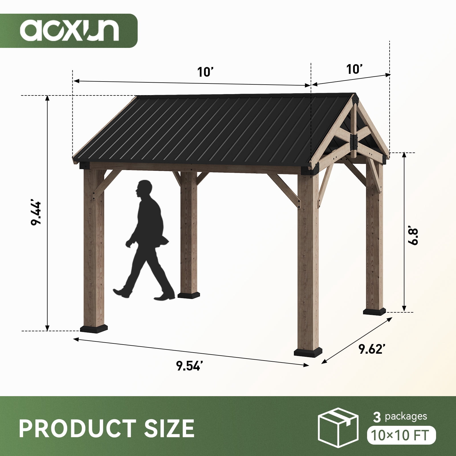 Dateyes 10' x 10' Outdoor Wood Gazebo, Hardtop Gazebo Permanent Wooden Pavilion with Galvanized Steel Gable Roof, for Patio, Garden, Backyard, Cedar Wood