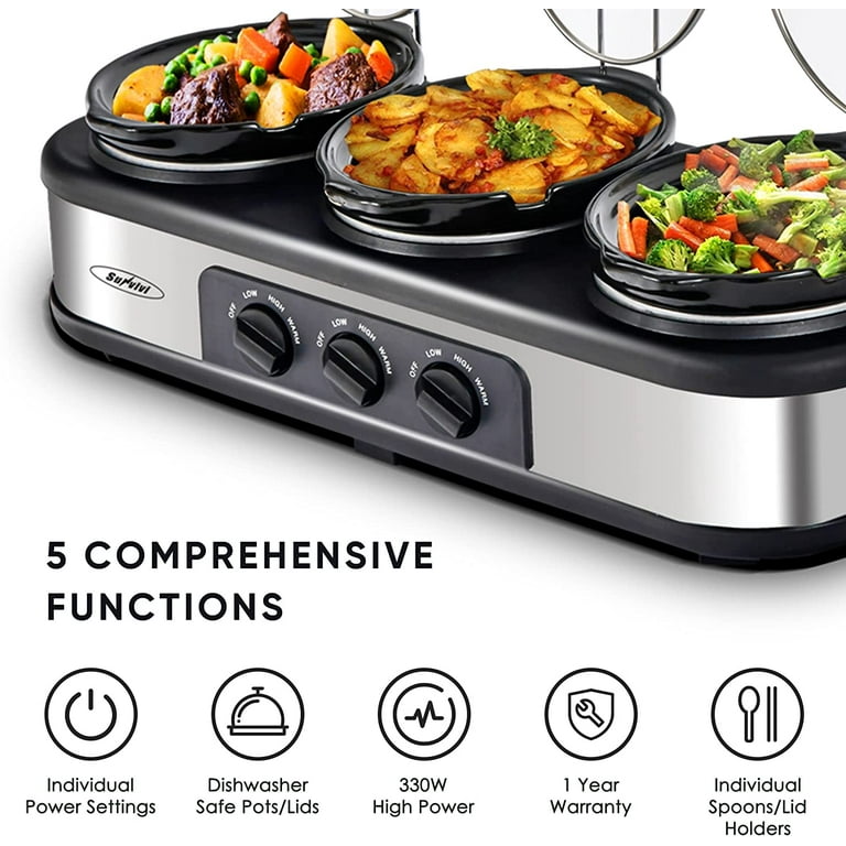 HEYNEMO Triple Slow Cooker with Non-Skid Feet, 3×1.5 QT Slow Cooker Buffet  Server
