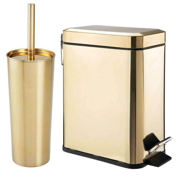 mDesign Metal Freestanding Slim Toilet Bowl Brush and Holder + Rectangle Narrow 5 Liter / 1.3 Gallon Step Pedal Trash Can Wasteba