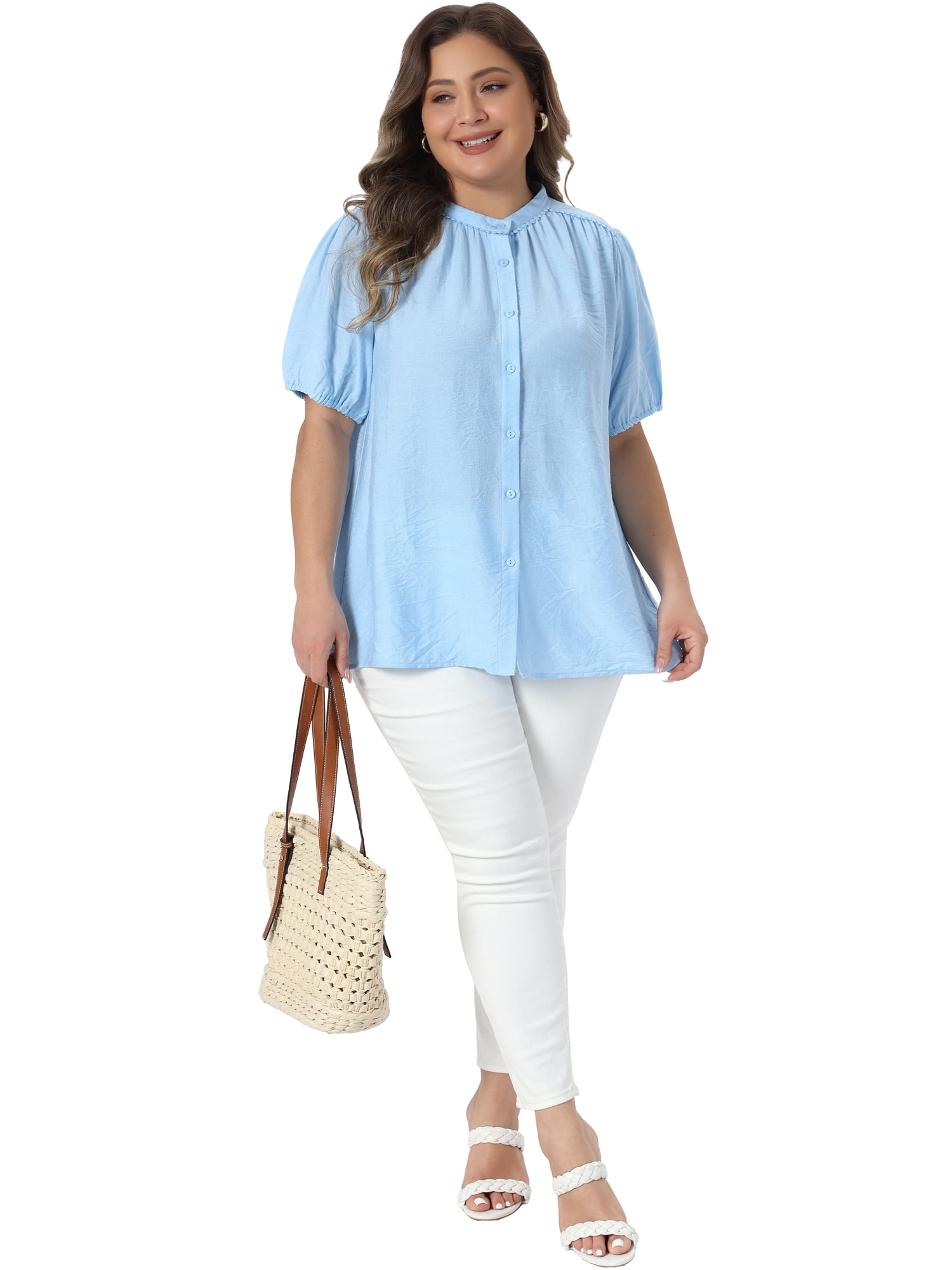 DARING DIVA Women's Plus Summer Button Down Puff Sleeve Blouses 4X Light Blue