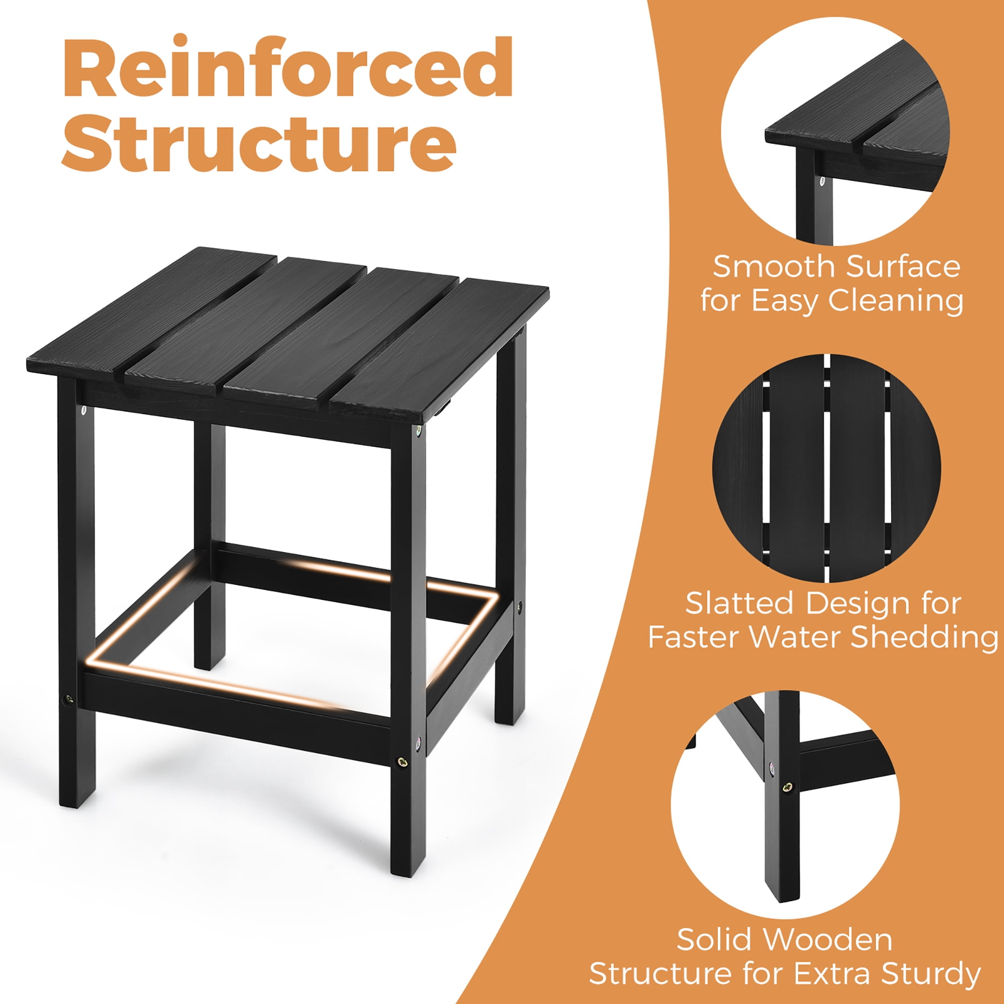 Costway Patio 15" End Side Coffee Table Square Wooden Slat Garden Deck Black