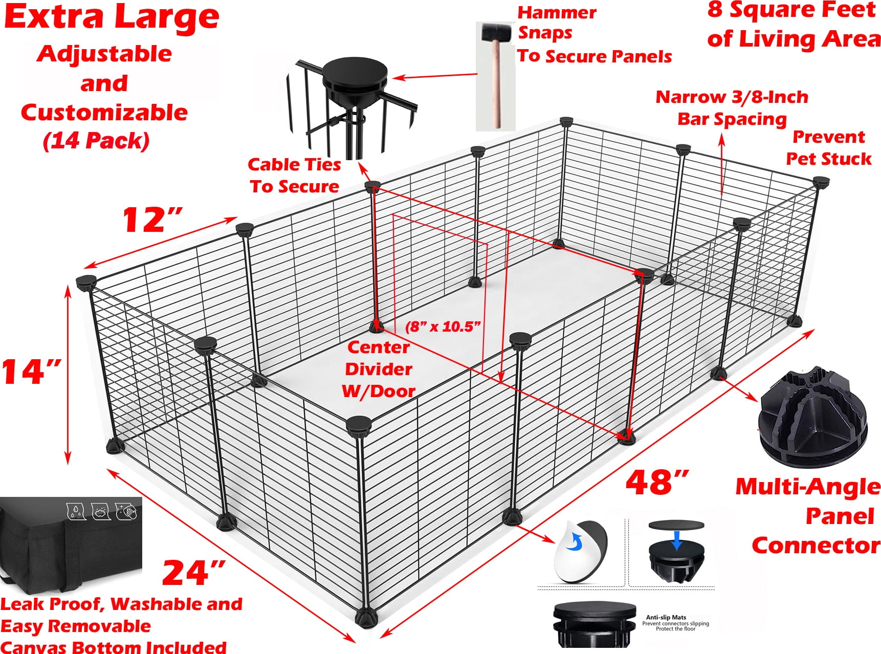 48" Extra Large Guinea Pig Playpen Yard Bunny Habitat Hamster Critters Play Ground With Center Divider Access Door Mouse Mice Gerbil Hedgehog Water-Proof Enclosure with Washable Canvas Bottom