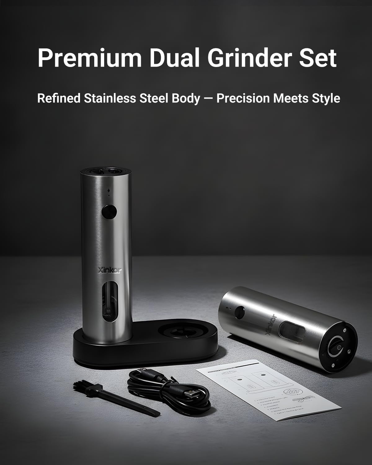 Electric Salt and Pepper Grinder Set with USB-C Charging Base, Stainless Steel Automatic Rechargeable Mill with LED Light & Large Capacity for Kitchen