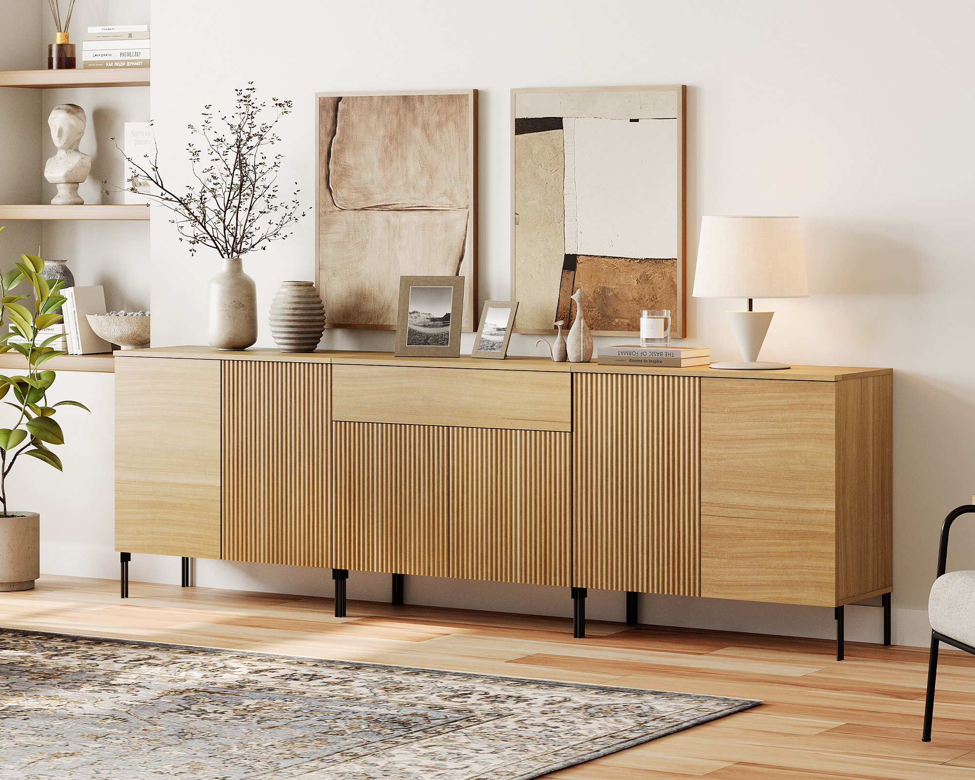 94.5" Reeded Accent Cabinet Set with Doors and Drawers, Modern Credenza Storage Cabinet with Adjustable Shelves for Living Room, Kitchen, Dining Room, Hallway