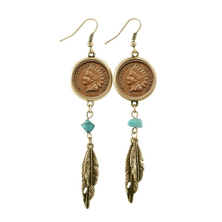 100 Year Old Indian Head Penny Feather Goldtone Coin Earrings