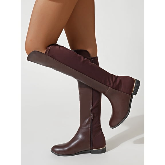 Women's Pointed Toe Low Flat Heel Knee High Boots Side Zipper PU Leather Tall Riding Boots 3 Colors