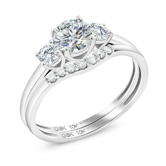 Gem Stone King 10K White Gold Lab Grown Diamond and White Moissanite Bridal-Sets Ring for Women | 0.76 Cttw | Round 5MM | Gemstone April Birthstone | Size 5