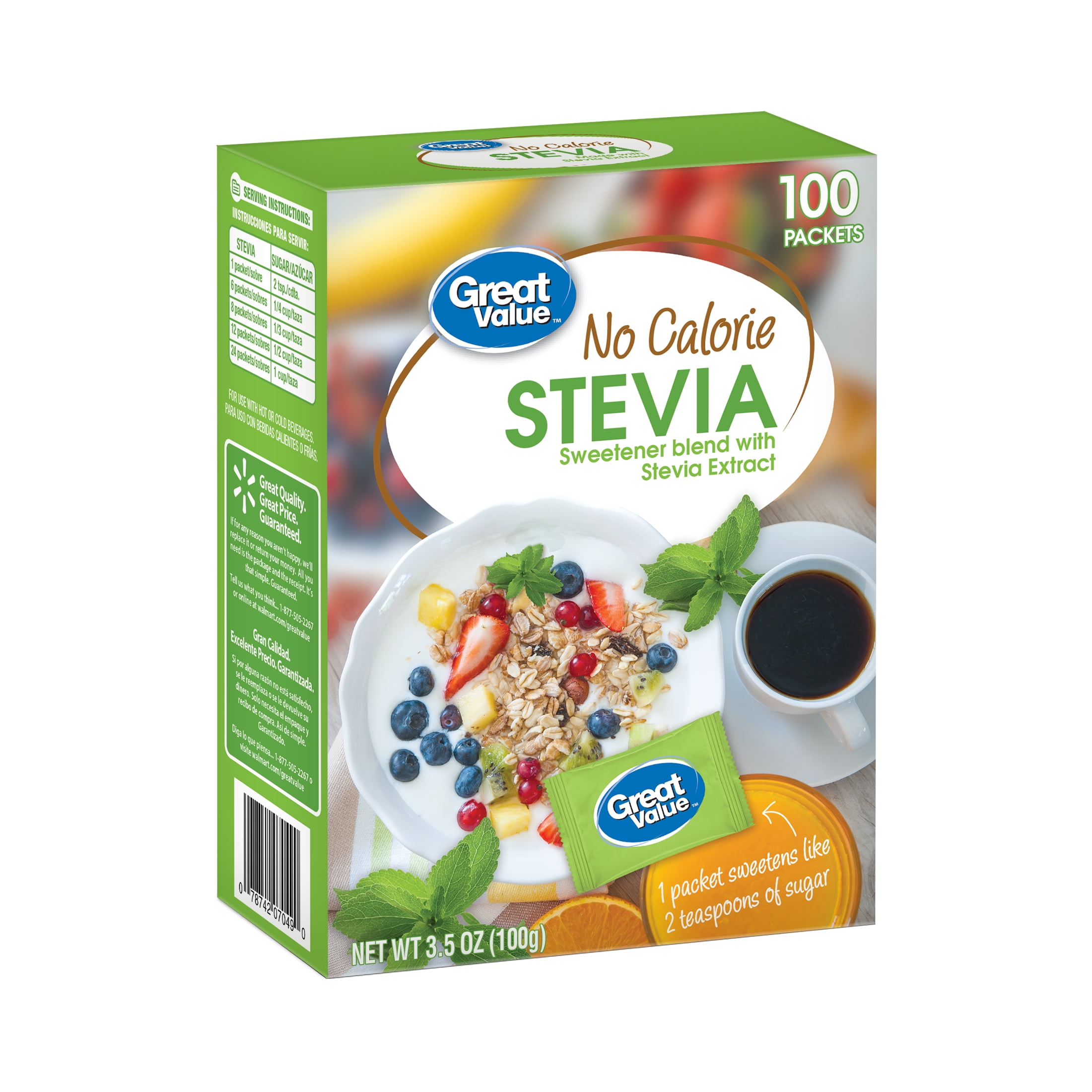 Great Value No Calorie Stevia, Sweetener Blend with Stevia Extract, 100 Packets, Carton Box