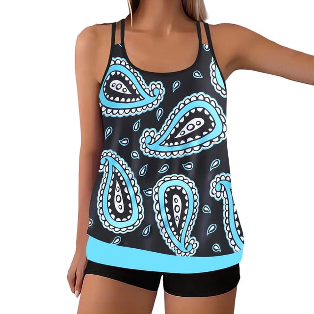 Women Plus Size Tankini Swimsuits, Tummy Control Two Piece Print Bikini Sets, V-Neck Wide Strap Modest Bathing Suits for Summer Beach Vacation