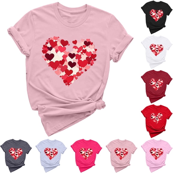 VKOYWKM Women's Love Heart T Shirts Valentine Shirts Love Graphic Tees Spring Short Sleeve T Shirts Romantic Valentine's Day Party Tshirts