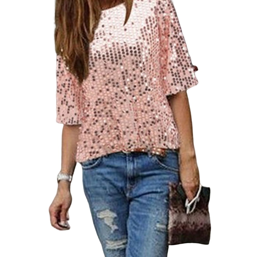 Hirigin Women's Summer Casual Glistening Sequin Crew Neck Shirt