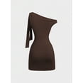 thumbnail image 2 of Brown Womens One Shoulder Ruched Bodycon Mini Dress With Tie Detail, 2 of 6
