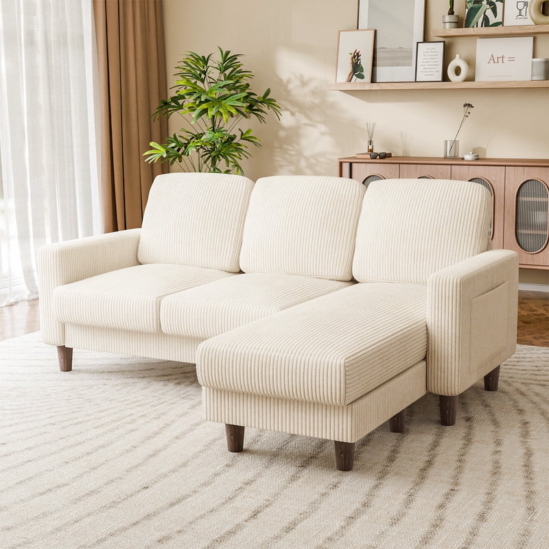 Lacoo 3 Seat Sectional Sofa L-Shaped Couch with Reversible Ottoman Convertible Cloud Couch for Living Room,Corduroy Beige