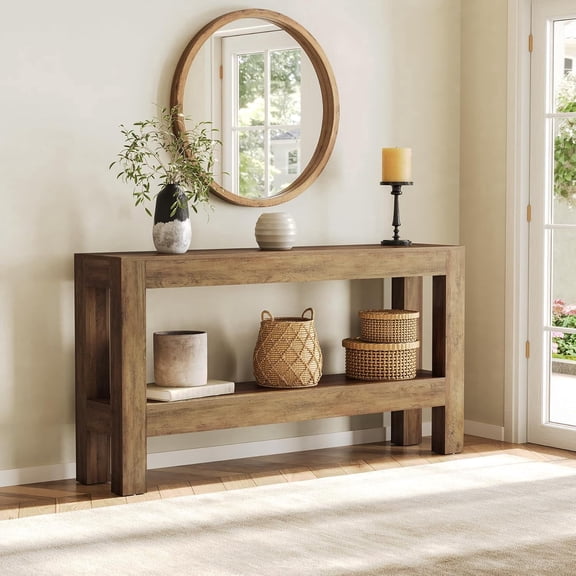 Finmind 63" Entryway Console Table, Farmhouse Narrow Sofa Table with 2-Tier Shelves, Rustic Brown