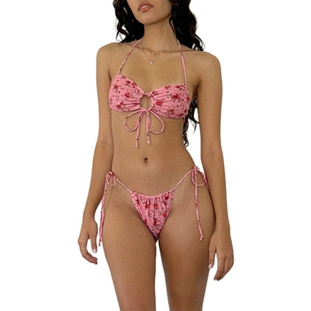 Suagox Women 2 Pieces Bikini Swimsuits Floral Print/Solid Color Tie-Up Halter Neck Padded Bra Thong Bottoms Beach Bathing Suit Set