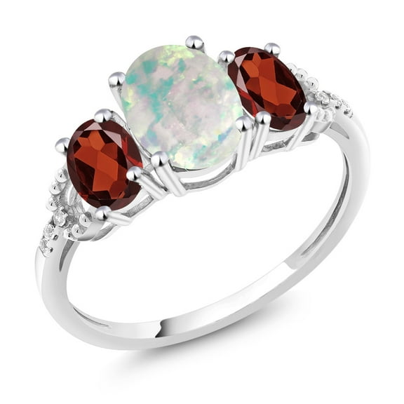 Gem Stone King Diamond Accent 10k White Gold (2.10 Ct) White Simulated Opal Red Garnet Ring (Size 6)