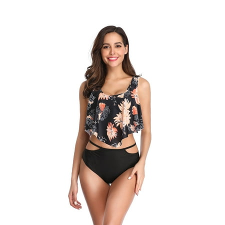 Women High Waist Swimsuit Swimwear Beachwear Floral Print Bikini Sets Tankini Sets Backless Push Up Bra Tummy Control Padded Swimming Bathing Suit White Black Orange Blue