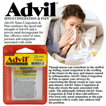 Uni's Advil Sinus Congestion and Pain Single Dose 6 Count (1 Tablet) Relieves Common Cold & Flu Symptoms, Headaches, Fevers, Sinus Pressure, Nasal Congestion and Body