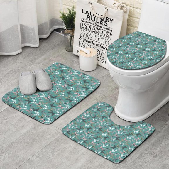 Green Butterfly Pattern Bathroom Rugs Sets 3 Piece,Toilet Cover Set,Absorbent Non Slip Bathroom Mats Sets with U-Shaped Contour Rug Toilet Rug Set