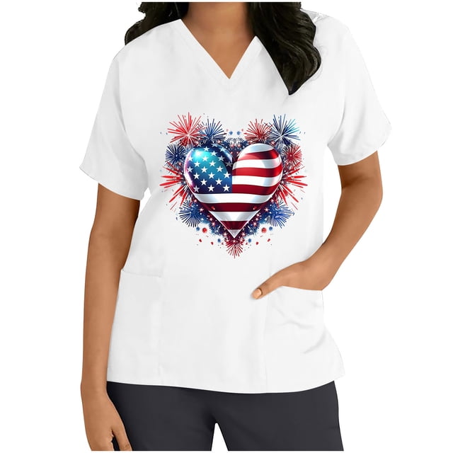 Haut à Col en V Imprimé pour la Fête de l'Indépendance pour Femmes, Manches Courtes, Mélange Polyester-Spandex, Blanc, Coupe Décontractée, Lavable en Machine