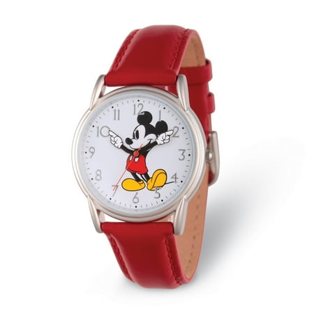 Disney Mickey Mouse Women's Silver Cardiff Alloy Watch, Red Leather Strap