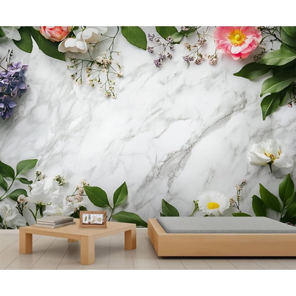 Modern Flowers And Plants Mural Wallpaper, Gray White Marble Texture Wall Mural, Marble 3D Murals, Nordic Light Luxury Art Large Wallpaper For Living Room Bedroom 79"W x 55"H (Not Peel and Stick)
