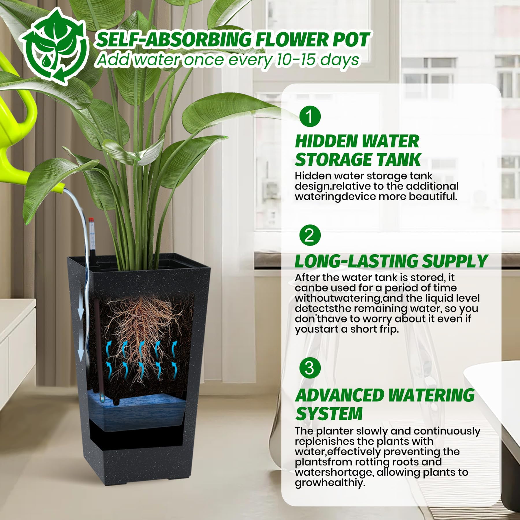 21.7" Tall Planters Set of 2,Outdoor＆Indoor Pots,High Front Porch Planter Pots with Drainage Holes＆Water Level Monitor＆Inner Bucket,Automatic Watering,for Patio,Porch,Living Room or Home Office