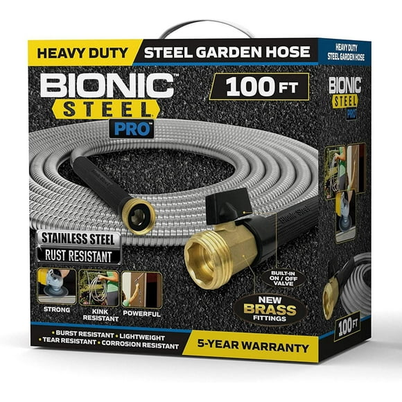 Bionic Steel PRO 100 Foot Heavy Duty 304 Stainless Steel 500 PSI Garden Hose Lightweight Kink-Free with Brass Fittings and Bonus Nozzle