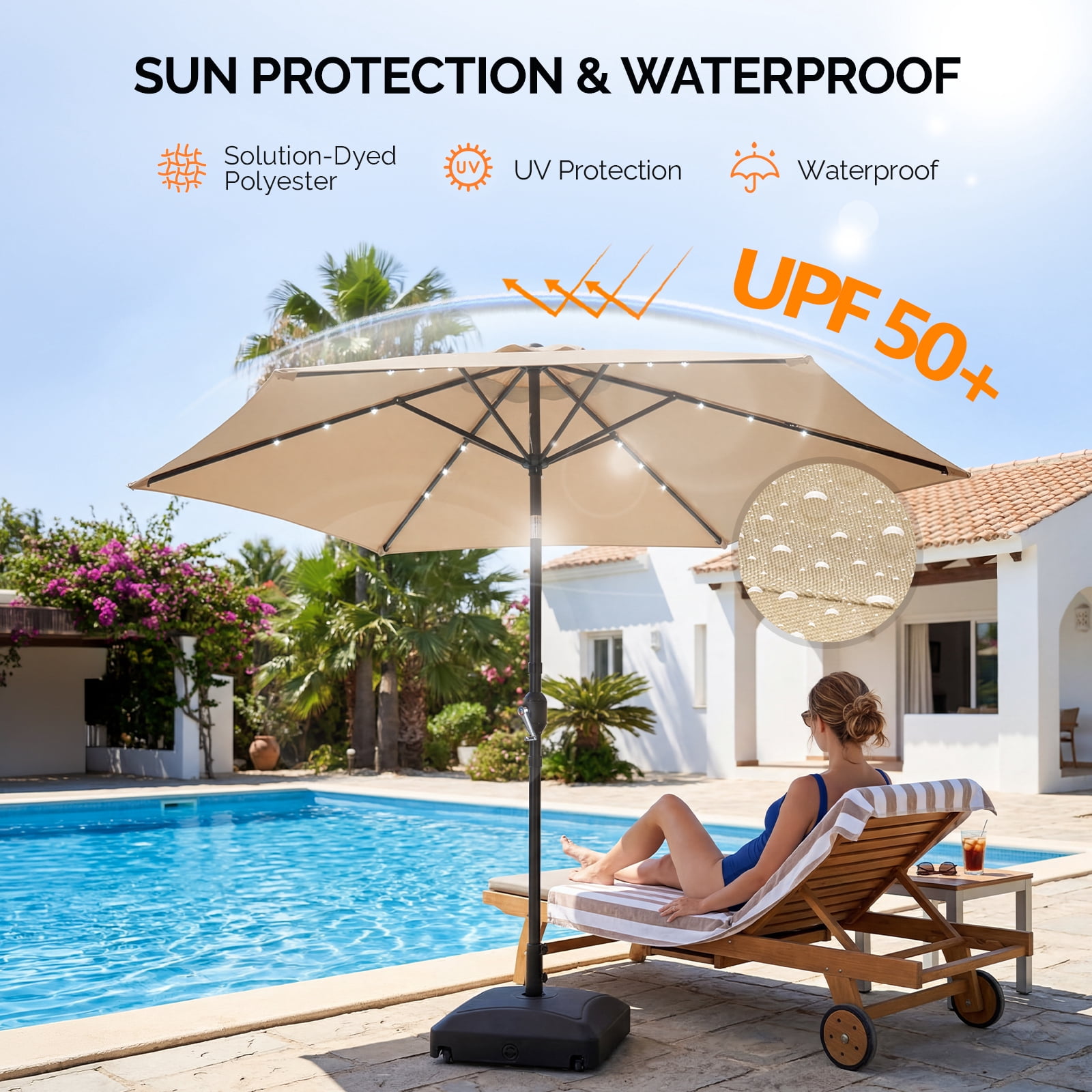 9ft Solar Patio Umbrella with LED Lights, UPF 50+ Waterproof Canopy, 6 Iron Ribs, Push Button Tilt & Crank Lift, Beige for Patio Garden Poolside