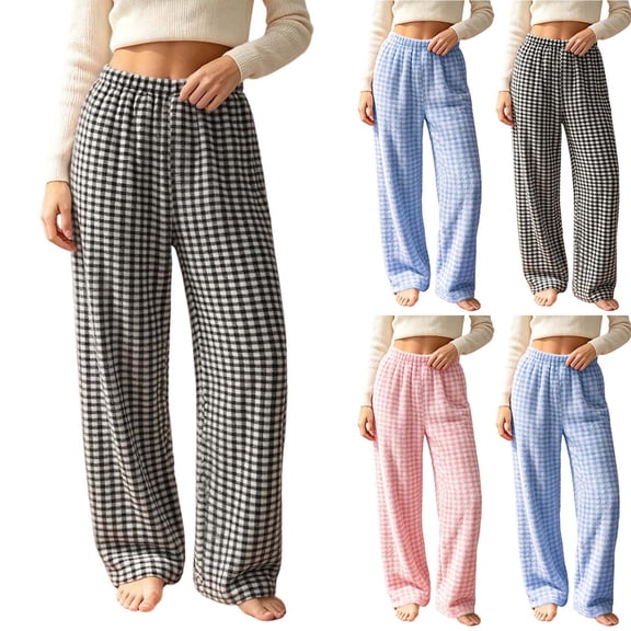 Diufon Womens Flannel Pajama Pants Plaid Elastic Waist Fall Winter Fleece Warm Sleep Pants Baggy Checkered Homewear